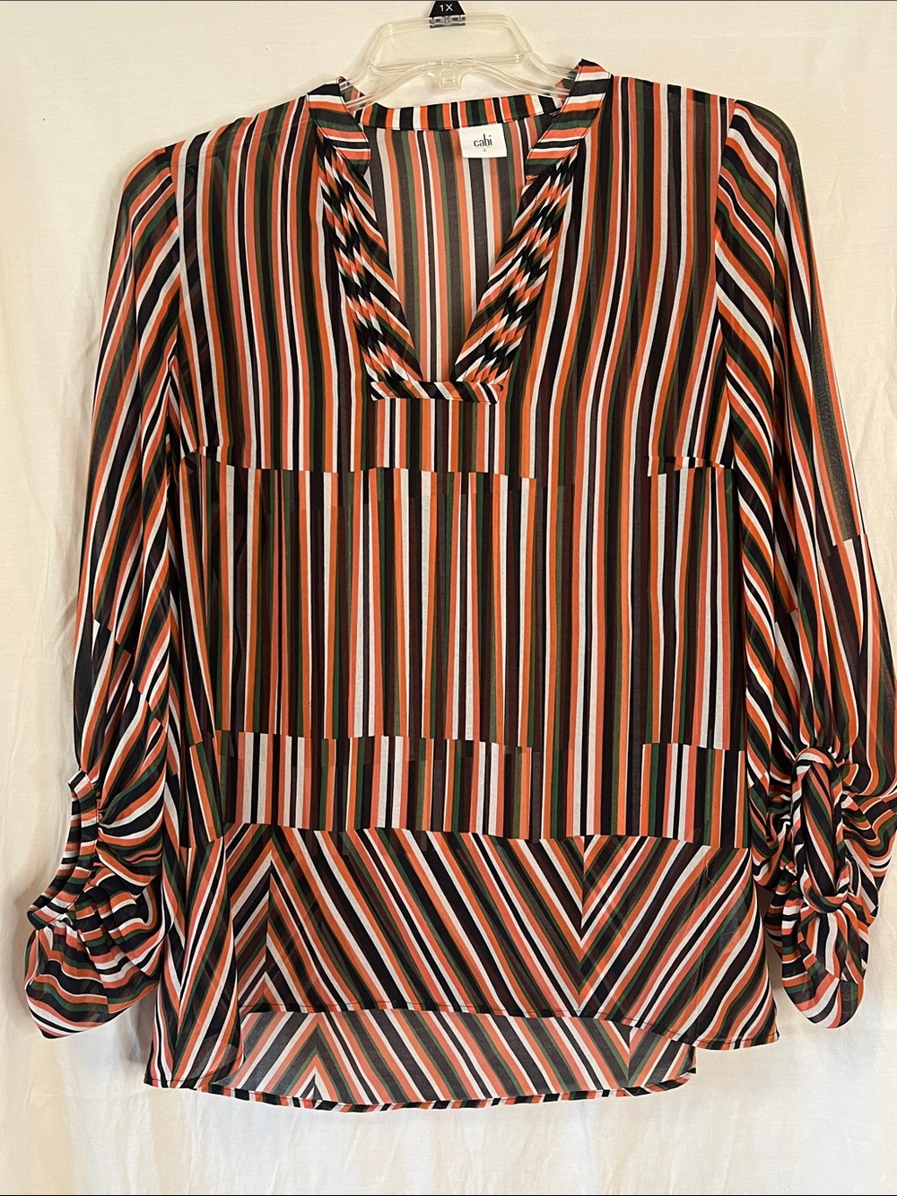 CAbi Sheer Striped Tunic Blouse Balloon Sleeve Pullover Top Boho Artsy V-neck